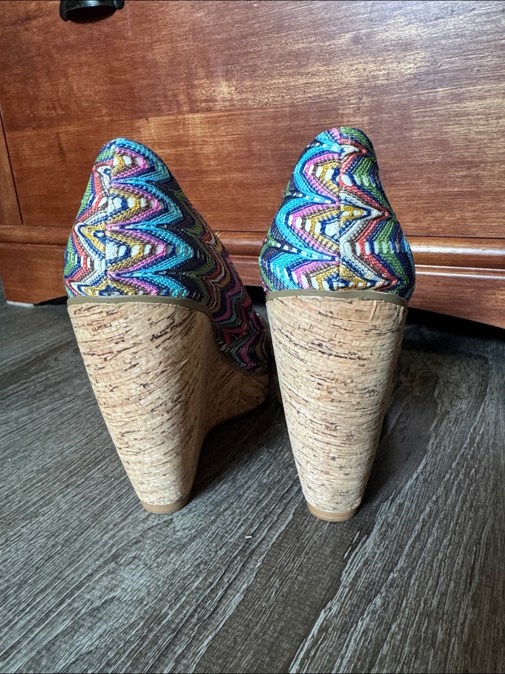 Nine West Multicolor Chevron Peep-Toe Wedge Pumps - Picture 5 of 13